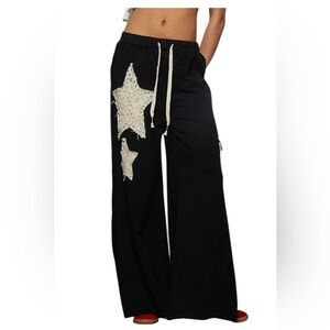 POL Black French Terry Cotton Wide Leg Pants with Star Patch Pants